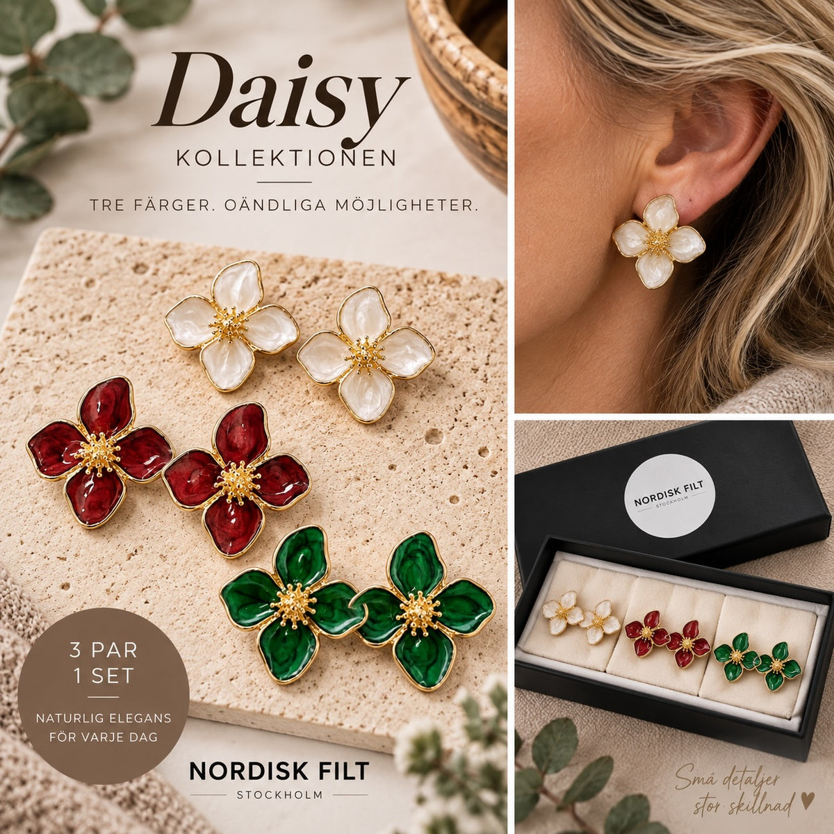 DAISY - Tre par blomörhängen i emalj